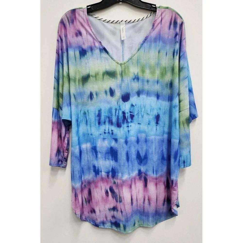 Honeyme Tie Dye BOHO Tunic Womens Large Blue Purple Green Dolman Sleeve Top